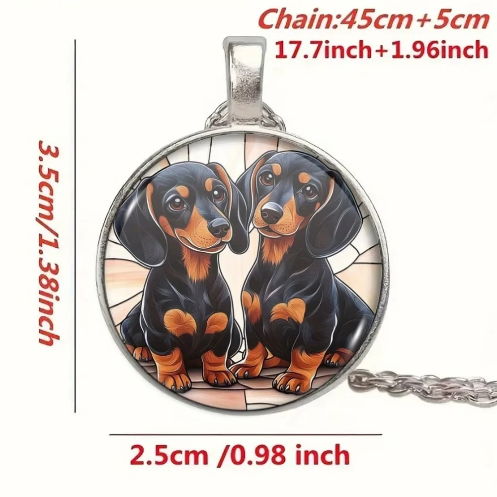 925 Sterling Silver Dachshund Puppies‎ Stained Glass Pendant Adjustable Necklace